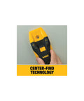 Hand holds yellow stud finder on wall, highlighting Center-Find Technology for Framing and DIY Projects with LED arrows and auto calibration.