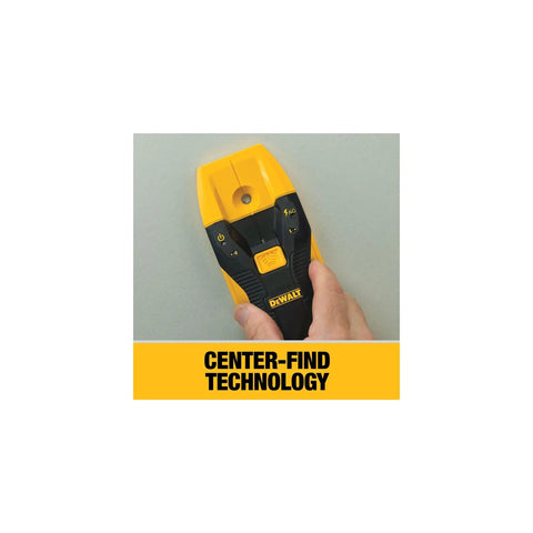 Hand holds yellow stud finder on wall, highlighting Center-Find Technology for Framing and DIY Projects with LED arrows and auto calibration.