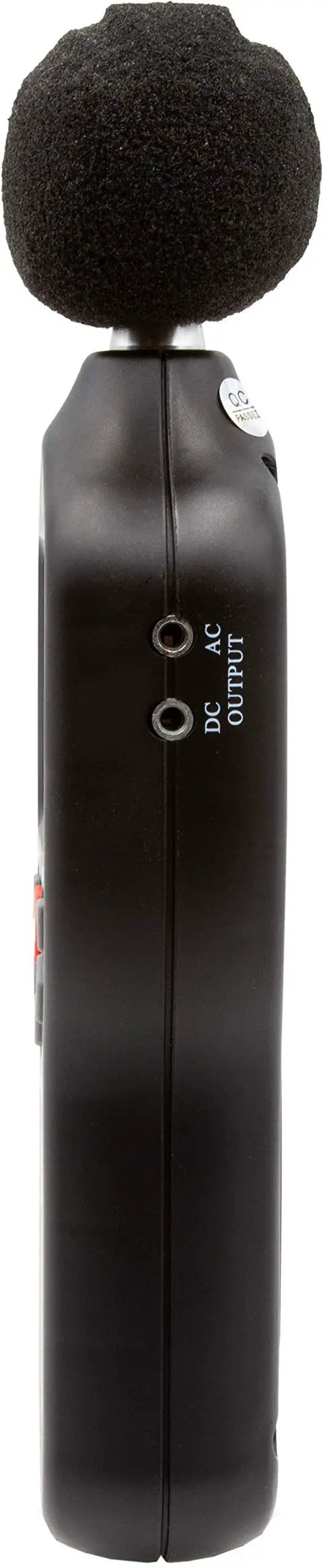 SoniChek PRO Professional Decibel Meter For Accurate AC Weighted Sound Readouts, 30 To 130 dB Range, side view with AC and DC output ports