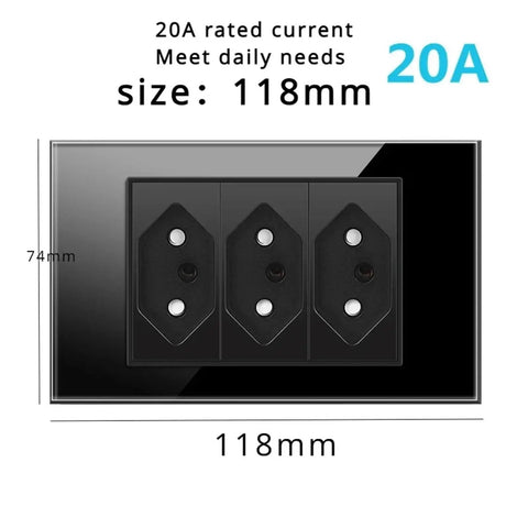 Smooth Touch Tempered Glass Wall Outlet Decked Out With Fast Charge USB Ports with three sockets and size dimensions.