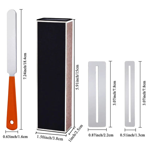 Guitar Fingerboard Luthier Tool Kit With Fret Crowning File, Fret Leveling Beam, and Fingerboard Guard Protectors shown with dimensions