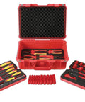VDE Tool Kit 50 Piece Pro Grade With Sixteen Three-Eighths Inch Drive Sockets, insulated pliers, red case, extension bars