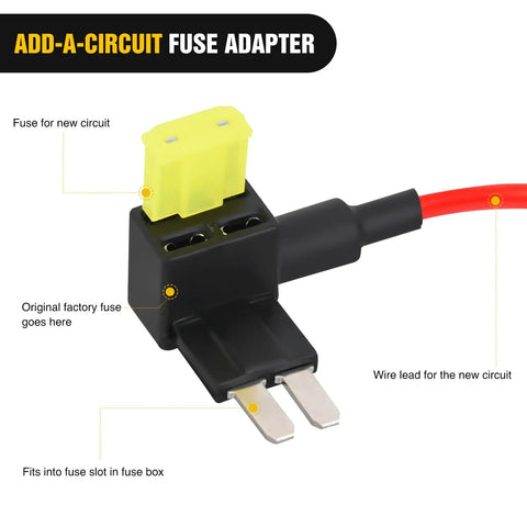 10 Pack Micro 2 Fuse Tap 12V Car Add A Circuit ATR Blade Adapter with yellow fuse and wire lead close-up