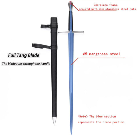 Medieval Sword Black Western Blade In Manganese Steel With Full Tang Build, 45.66 Inch Total Length, with scabbard