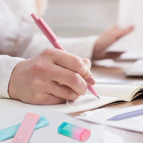 Person writing with pastel mechanical pencil set with six pencils 0.5 and 0.7 millimeter lead plus 360 HB lead refills erasers