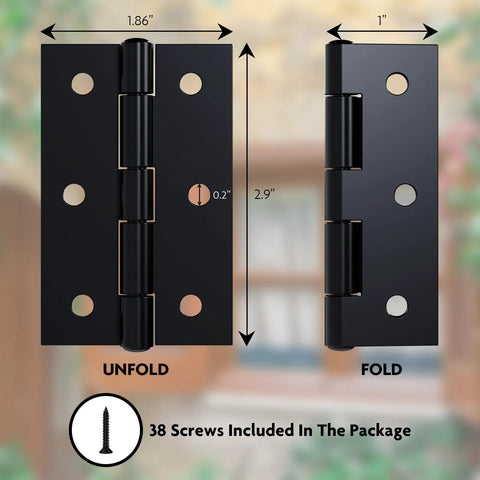 Heavy Duty Black Door Hinges Six Pack With All Necessary Mounting Screws For Wood Doors And Cabinets Built Legit From Solid Iron Hardware. Dimensions shown.