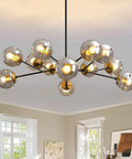 12 Light Globe Sputnik Chandelier with smoked glass for high ceilings, over a dining room table in a modern living space.