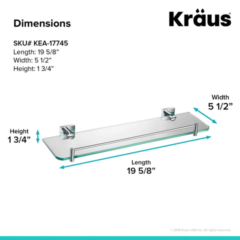 Ventus Bathroom Shelf Chrome Finish With Glass Inset Solid Brass Construction Rust Resistant dimensions illustration