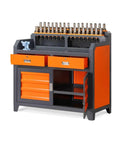 Heavy Duty Industrial Steel Workbench With Pegboard And Lockable Drawers, Large Garage Shop Cart For Craftsmen, front view with drawers and shelves.