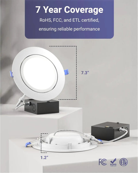Canless 6 Inch Recessed LED Eyeball Gimbal Lights Pack Of 6 Ultra Slim Dimmable Downlights With Jbox on display with dimensions