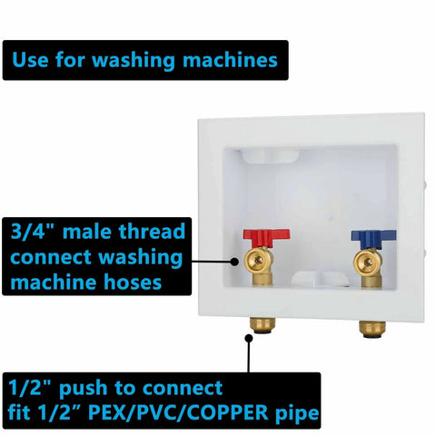 Washing Machine Outlet Box With Center Drain Push To Connect Inlet One Half Inch And Outlet Three Quarter Inch NH Brass Ball Valves Easy Install