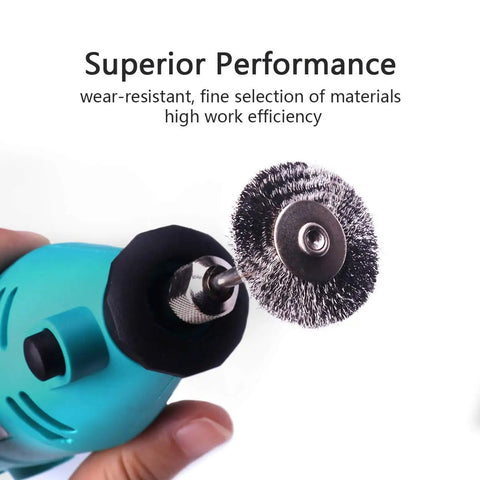 20 Pack Mini 1 Inch Wire Wheel Brushes With 1/8 Inch Round Shanks For Drill Attachments shown in use on blue drill