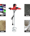 2100W Workhorse Portable Concrete Mixer with examples of mixed paint, mortar, fodder, and plaster visible