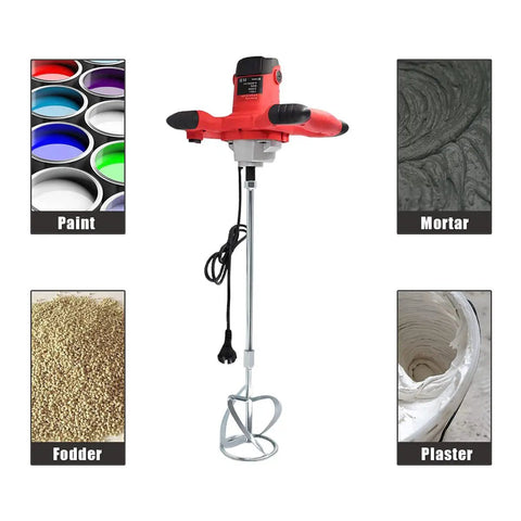 2100W Workhorse Portable Concrete Mixer with examples of mixed paint, mortar, fodder, and plaster visible
