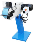 Powerful 6 Inch Belt Grinder Sander With Adjustable Height And 3360 Rpm Three Phase Motor showing blue base and sanding belt for metal and woodwork.