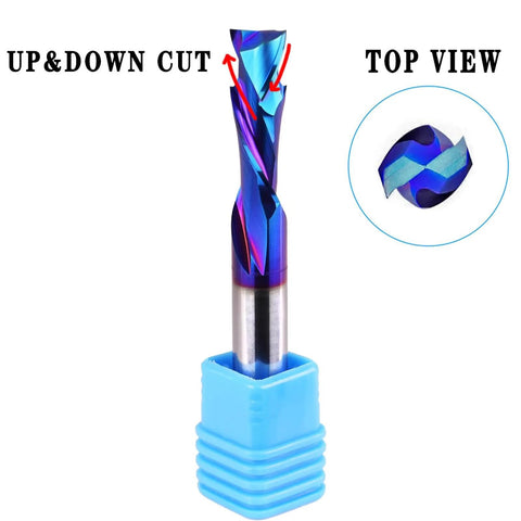 Three Eighths Inch Shank Compression CNC Router Bits Carbide Spiral End Mill Up and Down Cut Nano Blue Coated