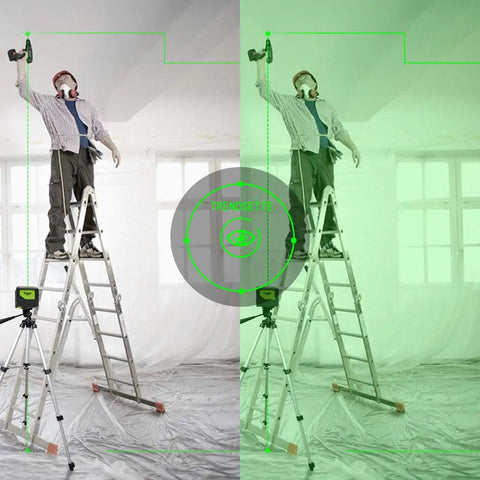 Man using laser tool from ladder wearing Green Laser Safety Glasses 2 Pack For UV And Infrared Protection With Adjustable Frames