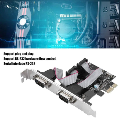 PCI Express To RS232 Serial Port Adapter Card With Two Port High Speed Data Converter For Industrial Automation And Data Acquisition Systems No Fuss Plug And Play Support showing dual ports and connectors.