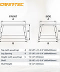Powertec router table stand dimensions diagram, showing front and side views, 24X16 MDF surface dimensions.