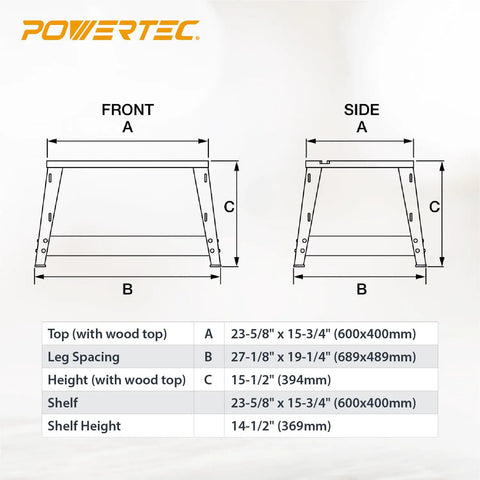 Powertec router table stand dimensions diagram, showing front and side views, 24X16 MDF surface dimensions.