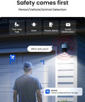 PTZ 4K PoE Security Camera System With Dual Lens 360 Camera Auto Tracking AI detection of person at night on garage exterior.