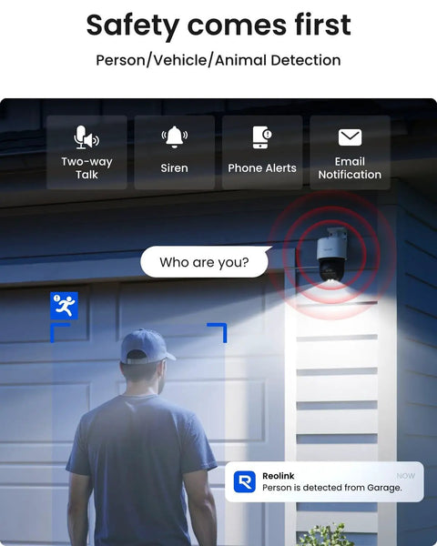 PTZ 4K PoE Security Camera System With Dual Lens 360 Camera Auto Tracking AI detection of person at night on garage exterior.
