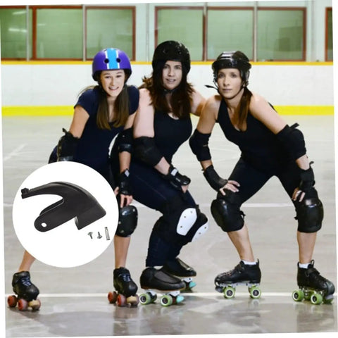 Group of three skaters posing on a rink with an inset image of 2 Pack Roller Skate Stoppers Brakes for Inline Skates, Easy Install Replacement Pads for 6mm Axles and 0.98 Inch Base, Durable Plastic, Safe Stopping Power for Kids and Adults, Fits Rollerblades