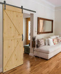 Unfinished Interior Barn Door Slab DIY Kit With Solid Pine Core, 83.5 Inches Tall By 30 Inches Wide installed in living room