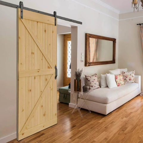 Unfinished Interior Barn Door Slab DIY Kit With Solid Pine Core, 83.5 Inches Tall By 30 Inches Wide installed in living room