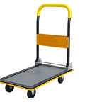 Heavy Duty Foldable Platform Hand Truck Rated At 330 Lbs With Silent Swivel Rollers That Glide Like Butter And Collapse Flawlessly For Stress Free Hauls Around Town, featuring a sturdy black platform and yellow handle.