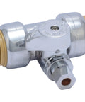 Three Quarter By Three Quarter By One Quarter Inch Brass Push To Connect Compression Tee Stop Valve For PEX Copper CPVC PERT HDPE Plumbing Fitting No Fuss Setup In Tight Spaces Easy Disconnect Clip Operation showing valve detail
