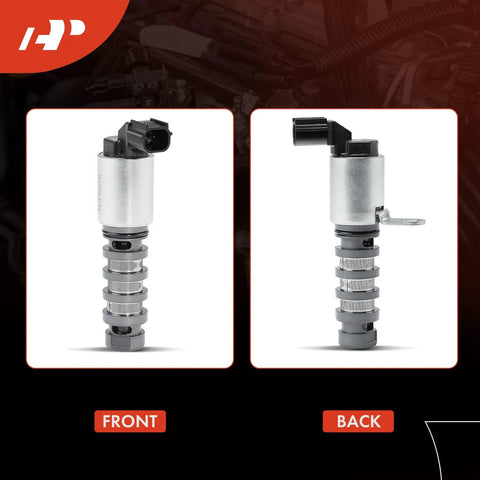 Front and back view of Drop In Engine Variable Valve Timing Solenoid For Honda Accord 2008 2012 CRV 2012 2014 Crosstour 2012 2015 2.4L L4 VVT Replacement With Silver Zinc Plated Finish 15830R44A01 15830R5AA01