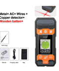 Ace Multifunction Stud Finder And Wall Scanner With Integrated Laser Rangefinder, Spot On Copper Pipe And Wire Detection, Crisp Backlit Screen For Hassle Free Home Renovation Projects showing device with display and accessories.