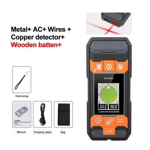 Ace Multifunction Stud Finder And Wall Scanner With Integrated Laser Rangefinder, Spot On Copper Pipe And Wire Detection, Crisp Backlit Screen For Hassle Free Home Renovation Projects showing device with display and accessories.