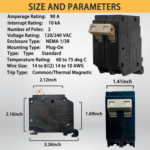 Diagram showing 40 Amp Two Pole Molded Case Circuit Breaker Plug In Type Three Quarter Inch Thermal Magnetic Protection 10K A at 120 and 240 Volt OEM Compatible Load Centers Easy Install Genuine OEM Ten Year Warranty with dimensions and specifications.