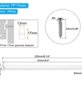 Premium Nine Inch Plastic Drawer Slides dimensions and specifications, including PP plastic material and screw details.
