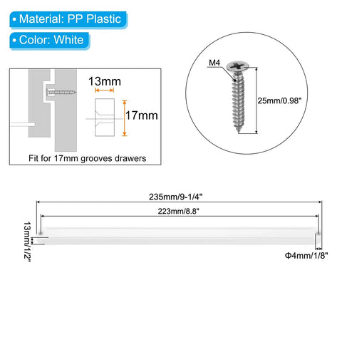 Premium Nine Inch Plastic Drawer Slides dimensions and specifications, including PP plastic material and screw details.