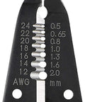 Close-up of wire stripper markings and blade, part of Wire Stripper With Screw Cutter For Electrician Skill Tests, Pro Grade Japanese Tool.