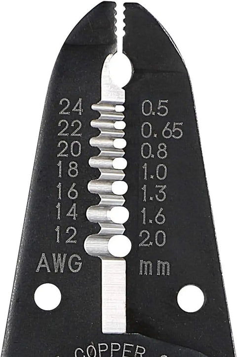 Close-up of wire stripper markings and blade, part of Wire Stripper With Screw Cutter For Electrician Skill Tests, Pro Grade Japanese Tool.
