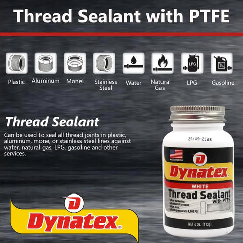 All Purpose Thread Sealant With PTFE For Threads Minus 65 To 300 Degrees Fahrenheit 4 Oz Brush Top Bottle White No Mess Non Toxic Strong Seal Up To Ten Thousand PSI front view