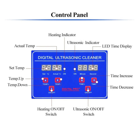 Control panel of Slick Portable Ultrasonic Cleaner For Rings Watches And Glasses with LED display and adjustable settings.