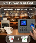 Boss Approved App Synced Fingerprint Time Clock showing multiple punch options and a fingerprint sensor for small businesses.