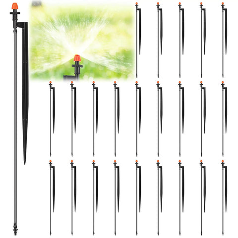 All In One Drip Irrigation Kit 25 Pack With 360 Degree Micro Spray Heads, 12 Inch Stakes, And 16 Inch 1/4 Inch Tubing