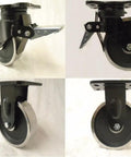 Heavy Duty 8 Inch Drop Forged Steel Casters With Rock Solid Total Lock Design And Kingpinless Build, black and silver swivel wheel.