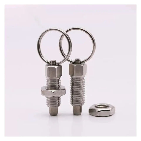 Heavy Duty Stainless Steel Spring Plunger Index Lock Pin Set Two Piece M16 Threaded Pull Ring for easy gripping and positioning.