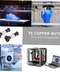 2-Pack Stainless Steel T8 Lead Screws With Copper Nuts Kit For 3D Printers shown with 3D printing examples.