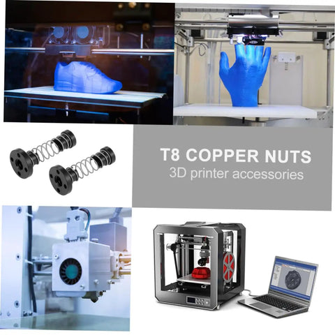 2-Pack Stainless Steel T8 Lead Screws With Copper Nuts Kit For 3D Printers shown with 3D printing examples.