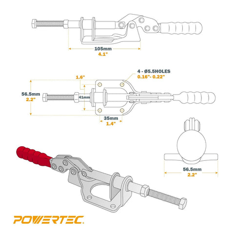 Diagram and measurements of Toggle Clamp With 300 LB Holding Capacity, Quick Release 302F Push Pull Clamp For Woodworking Jigs And Fixtures.