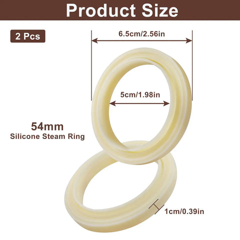 Two 54mm silicone steam ring gaskets for Breville and Sage espresso machines, showing dimensions 6.5cm, 5cm, 1cm.