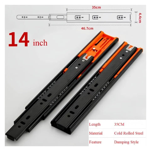 Heavy Duty Bottom Mount Buffer Drawer Slides Two Pack Smooth Glide Cabinet Runners, 14 inch, cold rolled steel material.